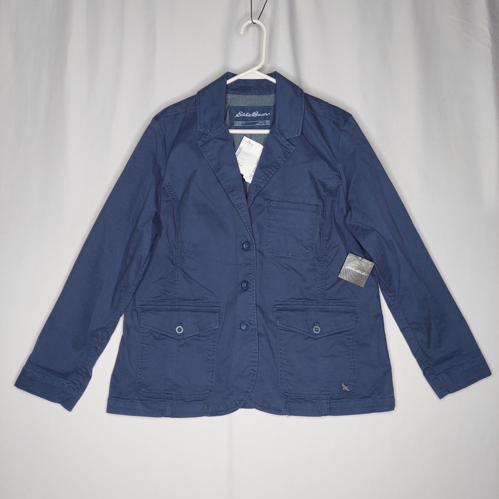 Eddie Bauer Button Collar Jacket‎ Womens 16W Blue Cotton Stretch Twill Pocket